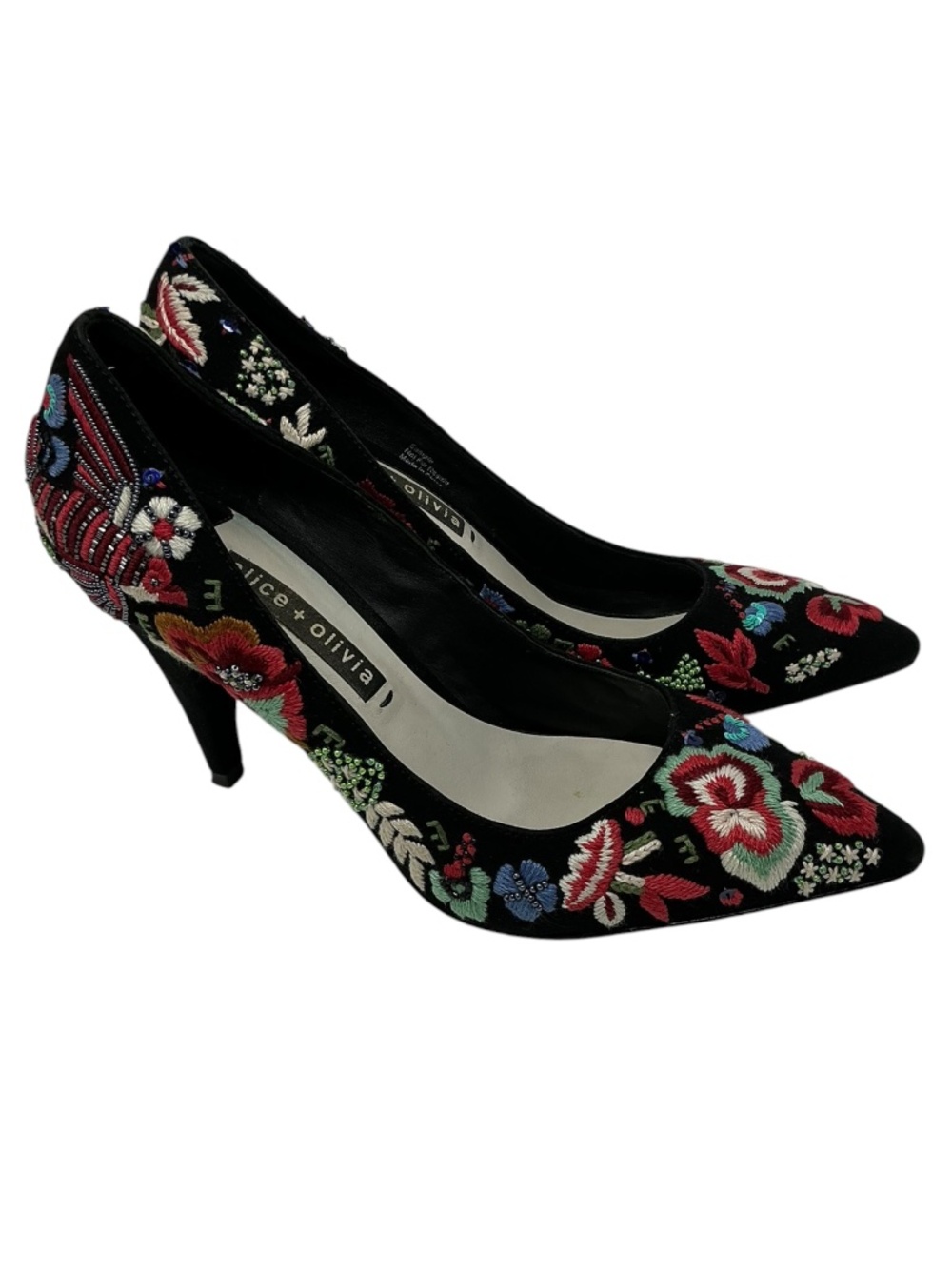 Alice + Olivia Embroidered Beaded Velvet Floral Pointed Toe Pumps Size 7 - Picture 2 of 16